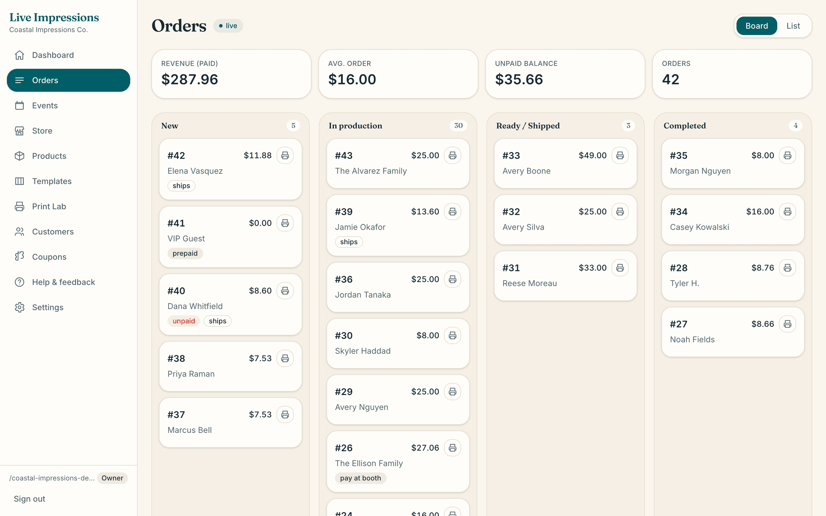 The live order board with a prepaid VIP guest claim in the New column
