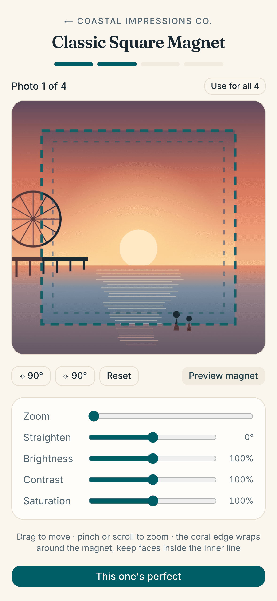 The photo editor a guest uses on their phone, fitting a photo inside the magnet's wrap edge