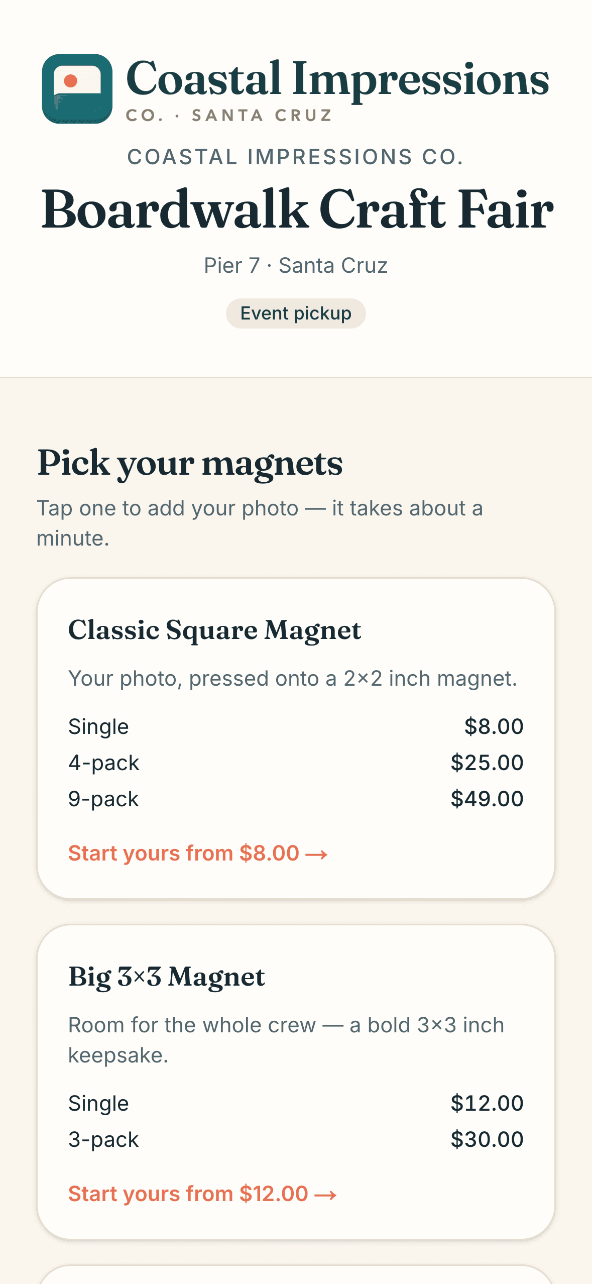 An event storefront on a phone: Boardwalk Craft Fair, with magnet packs and prices